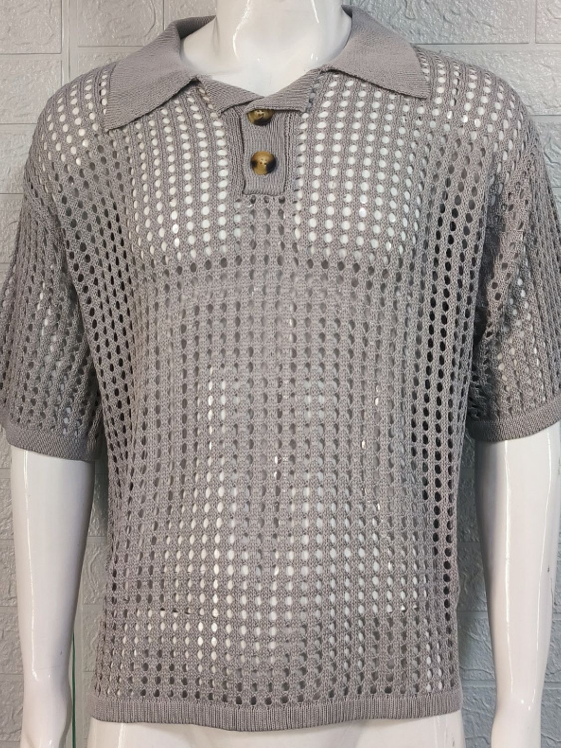 Men's Plus Size Openwork Collared Neck Quarter Button Knit Polo - Smart Shopper