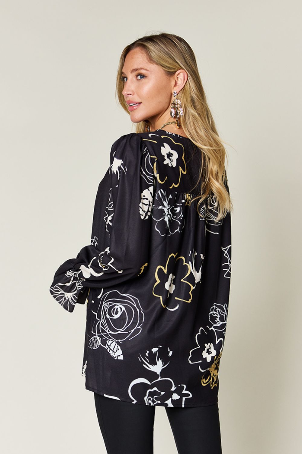 Double Take Full Size Printed Flounce Sleeve Blouse - Smart Shopper