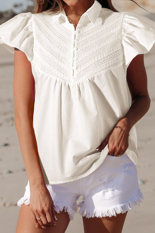 Lace Patchwork Ruffled Cap Sleeve Blouse - Smart Shopper