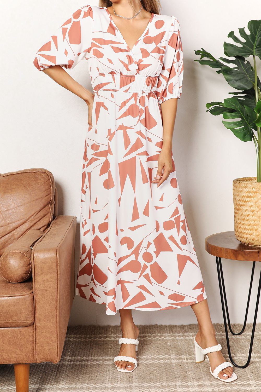 Printed Surplice Balloon Sleeve Dress - Smart Shopper