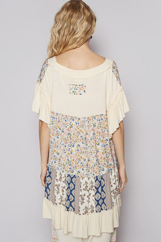 POL Ruffled Hem Printed V-Neck Short Sleeve Blouse - Smart Shopper