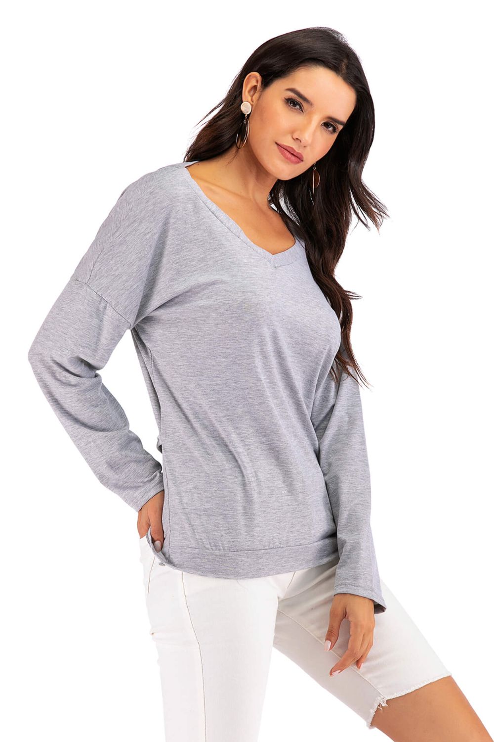 Perfee V-Neck Drop Shoulder Open Back Sweatshirt - Smart Shopper