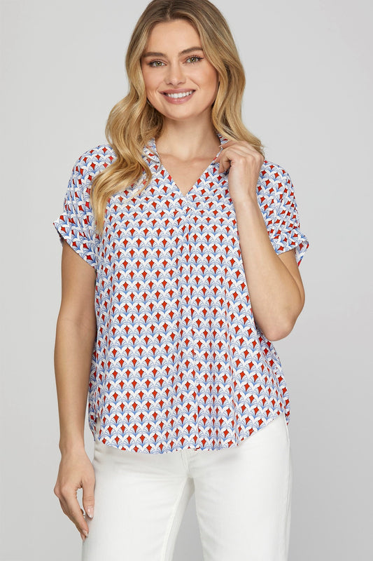 She + Sky Full Size Printed Johnny Collar Short Sleeve Blouse Plus Size - Smart Shopper