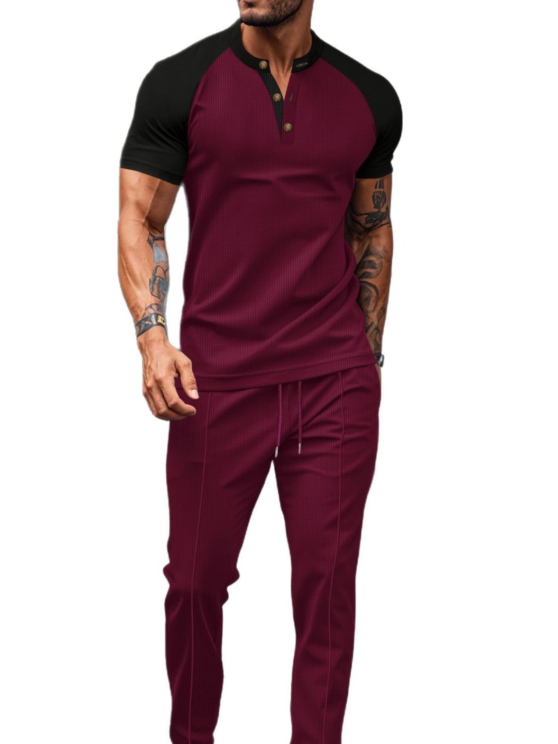 Men's Full Size Waffle-Knit Contrast Top and Drawstring Pants Set Plus Size - Smart Shopper