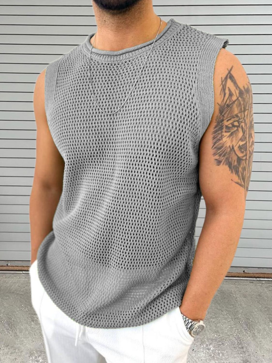 Men's Openwork Round Neck Sleeveless Knit Top - Smart Shopper