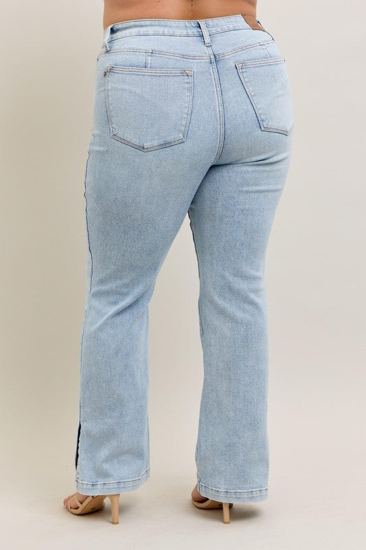 Judy Blue Full Size Tummy Control Vintage Wash Side Slit Slim Boot Jeans Plus Size - Smart Shopper