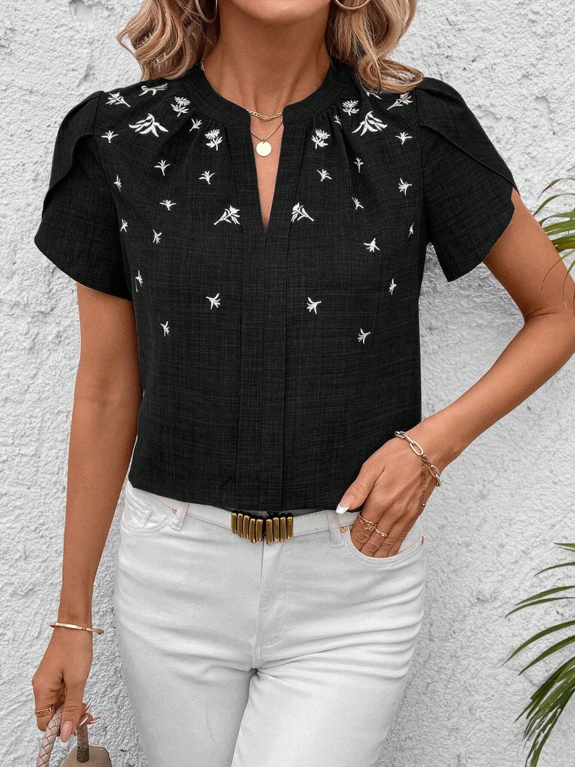 Floral Notched Short Sleeve Blouse - Smart Shopper