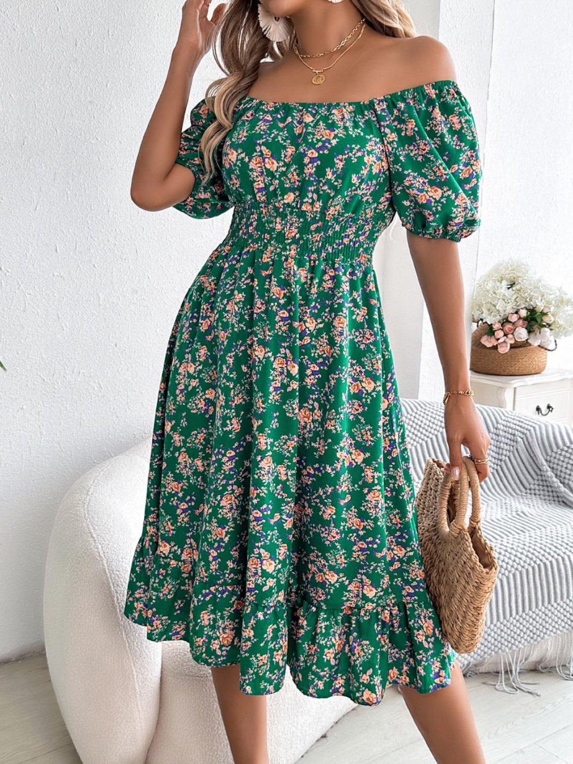 Ruffled Hem Smocked Printed Puff Sleeve Dress - Smart Shopper