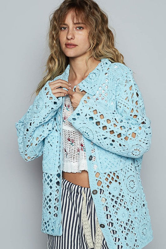 POL Crochet Button Up Cardigan with Chest Patch Pockets - Smart Shopper