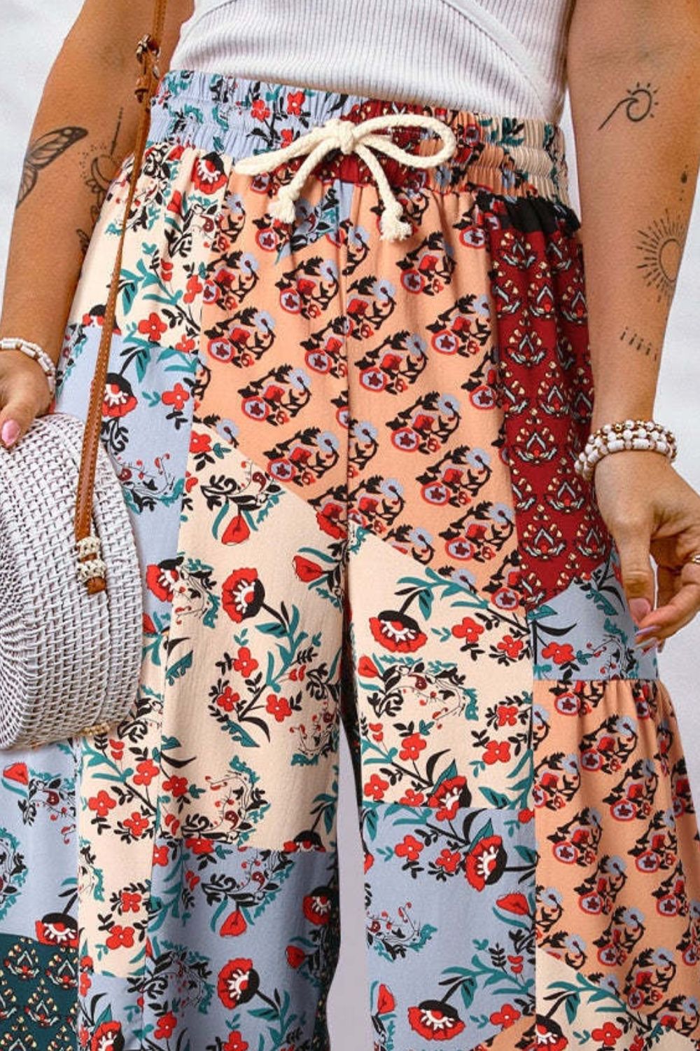 Full Size Drawstring Printed Wide Leg Pants - Smart Shopper