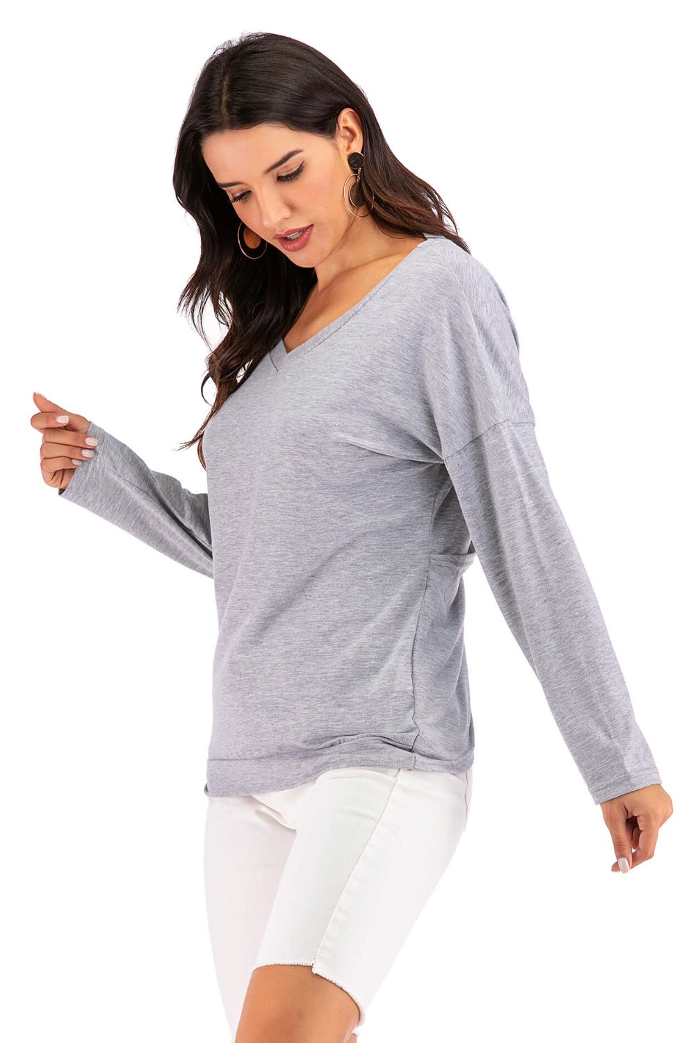 Perfee V-Neck Drop Shoulder Open Back Sweatshirt - Smart Shopper