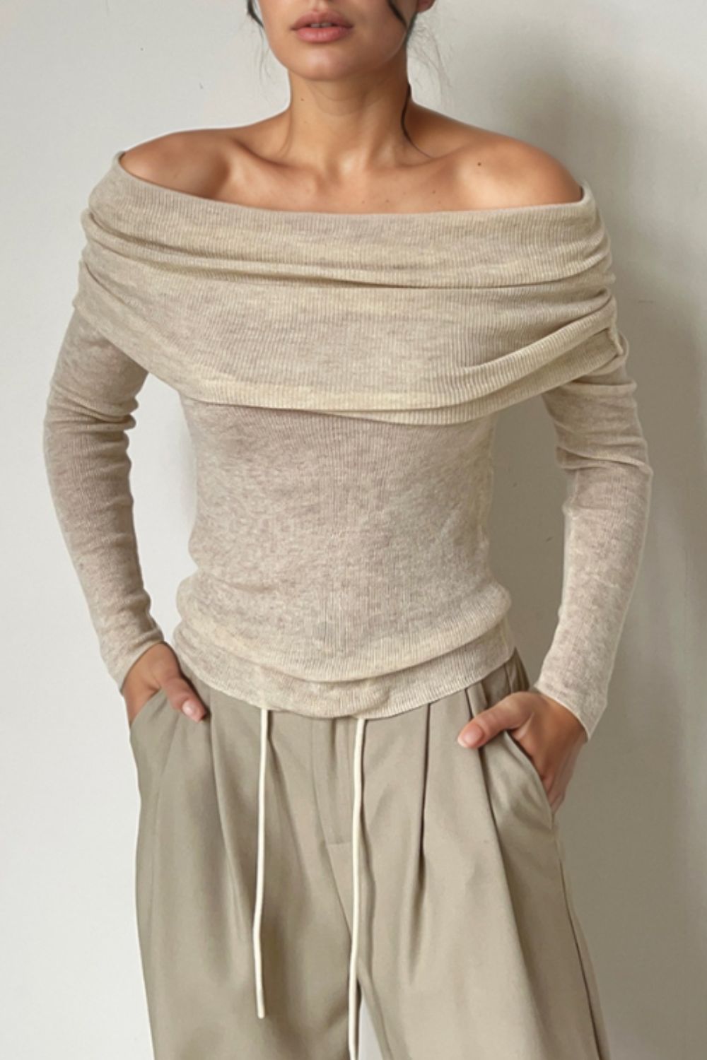 Off-Shoulder Long Sleeve Knit Top - Smart Shopper