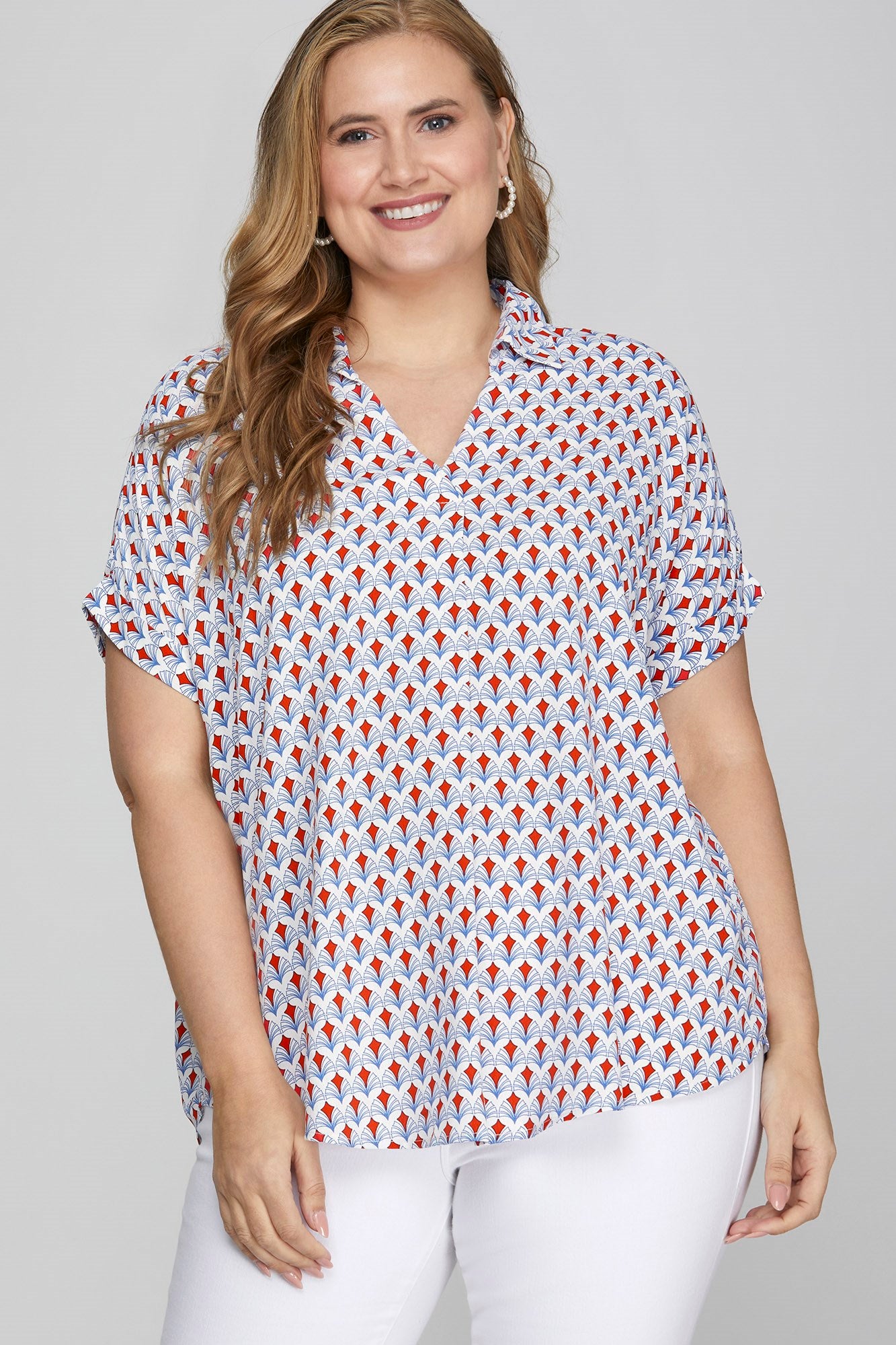 She + Sky Full Size Printed Johnny Collar Short Sleeve Blouse Plus Size - Smart Shopper