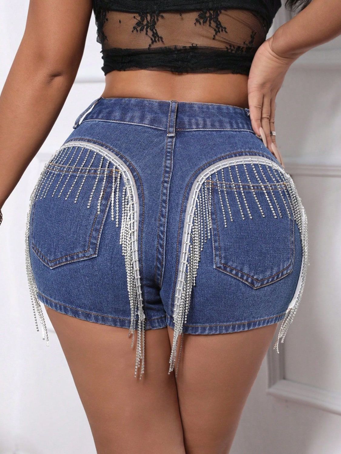 Fringe Back Denim Shorts with Pockets - Smart Shopper