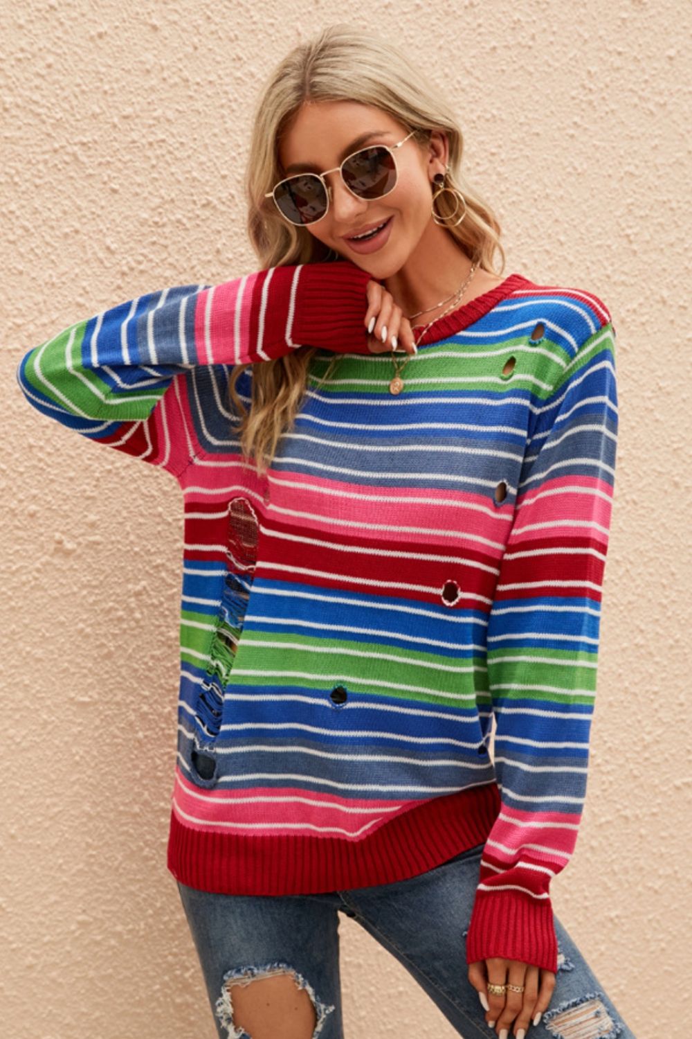 Striped Distressed Cutout Round Neck Sweater - Smart Shopper