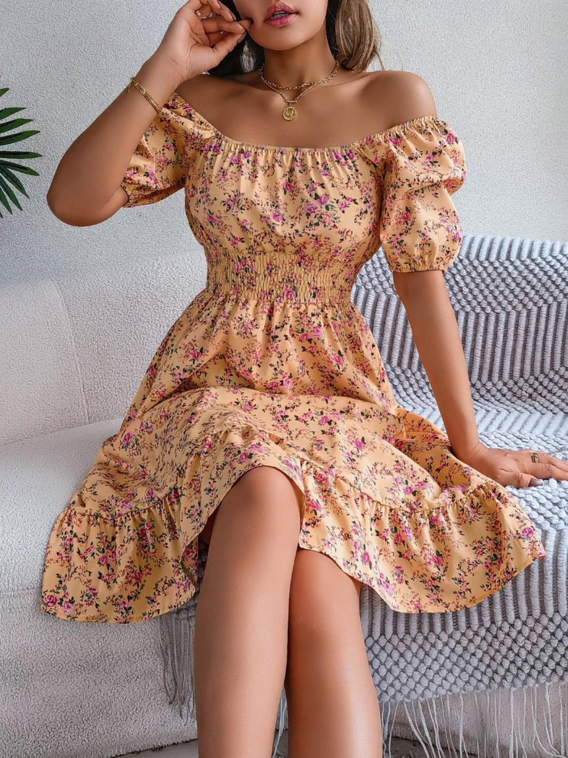 Ruffled Hem Smocked Printed Puff Sleeve Dress - Smart Shopper