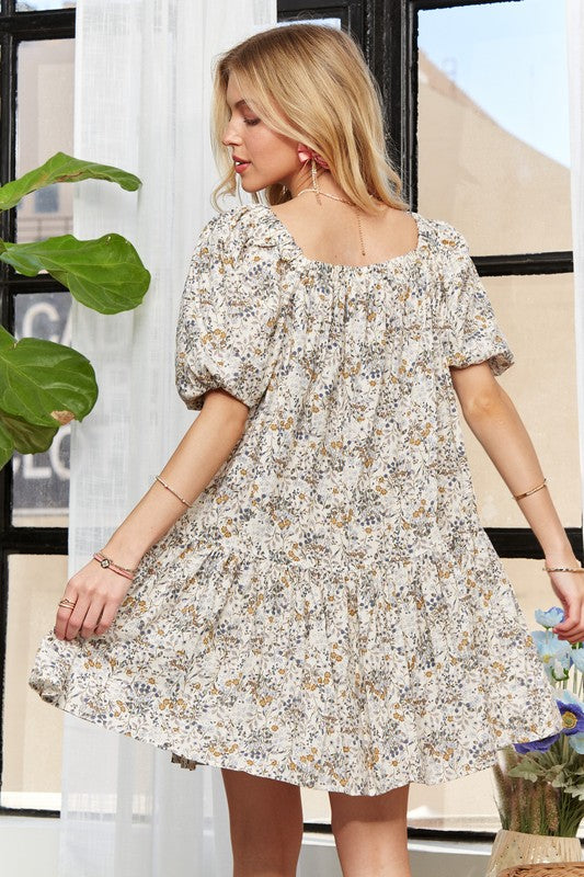 ADORA Floral Square Neck Puff Sleeve Dress - Smart Shopper