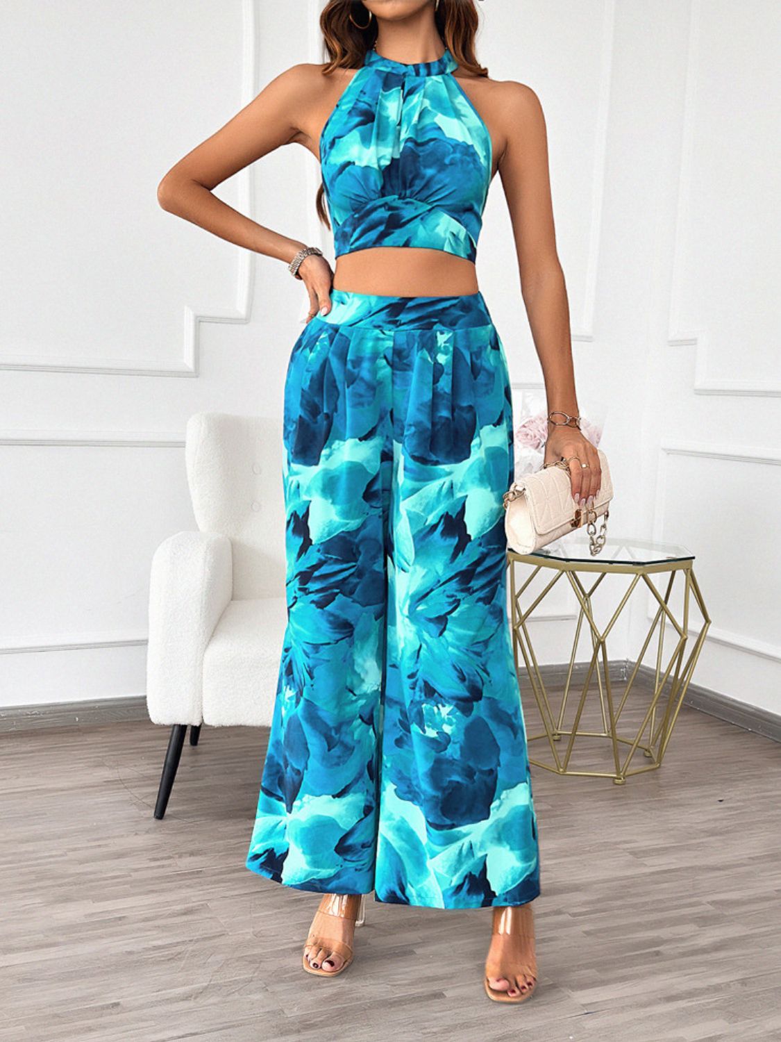 Devine Printed Halter Neck Top and Pants Set - Smart Shopper