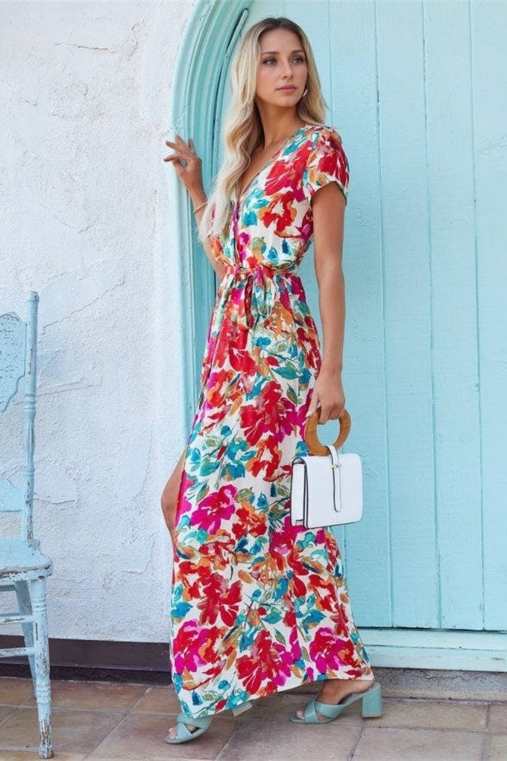 Printed Surplice Short Sleeve Tie Waist Maxi Dress - Smart Shopper