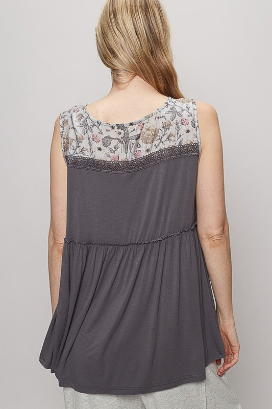 POL Lace Detail Frill Floral V-Neck Sleeveless Top - Smart Shopper