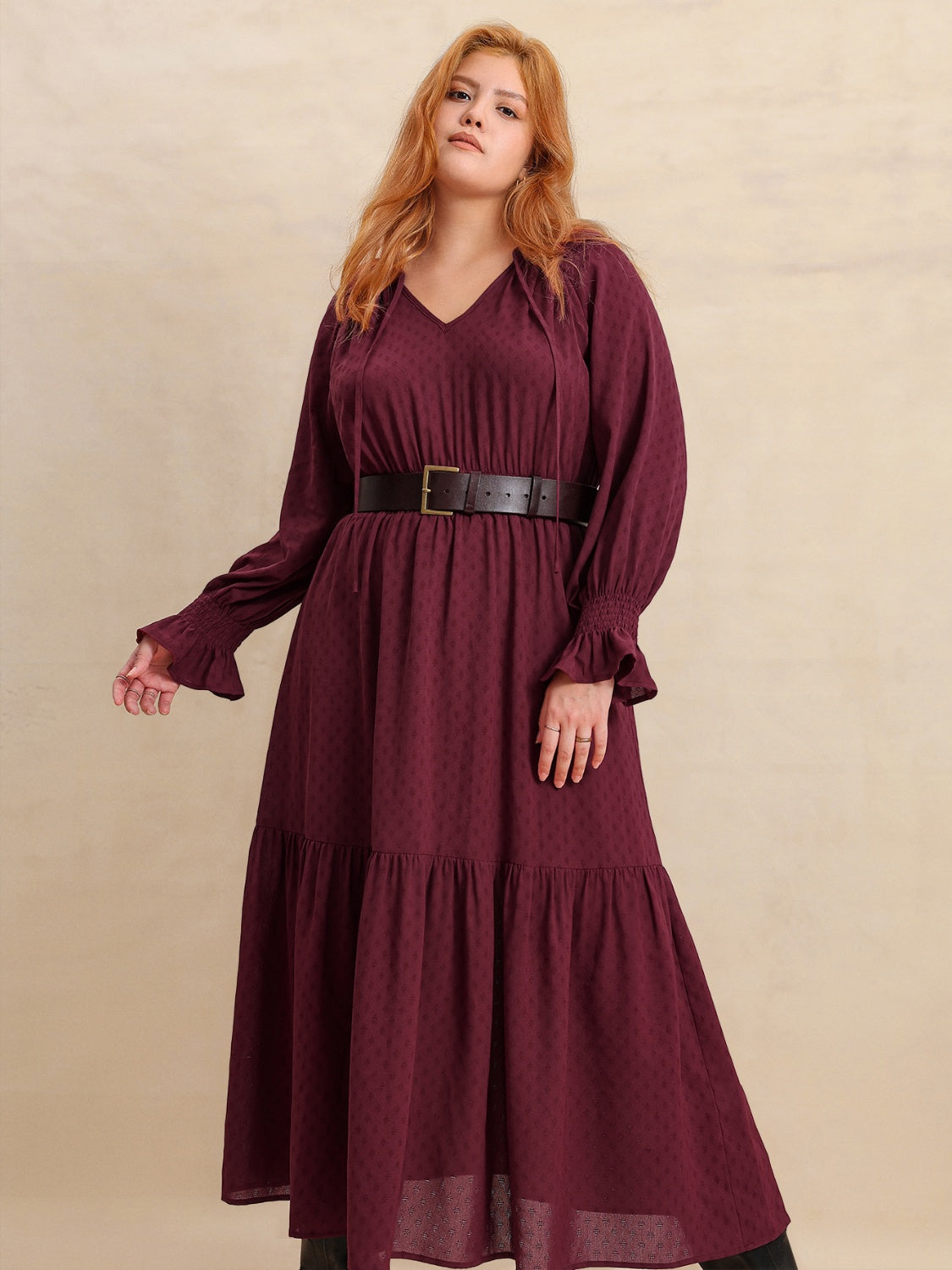 Plus Size Swiss Dot Tie Neck Flounce Sleeve Maxi Dress - Smart Shopper