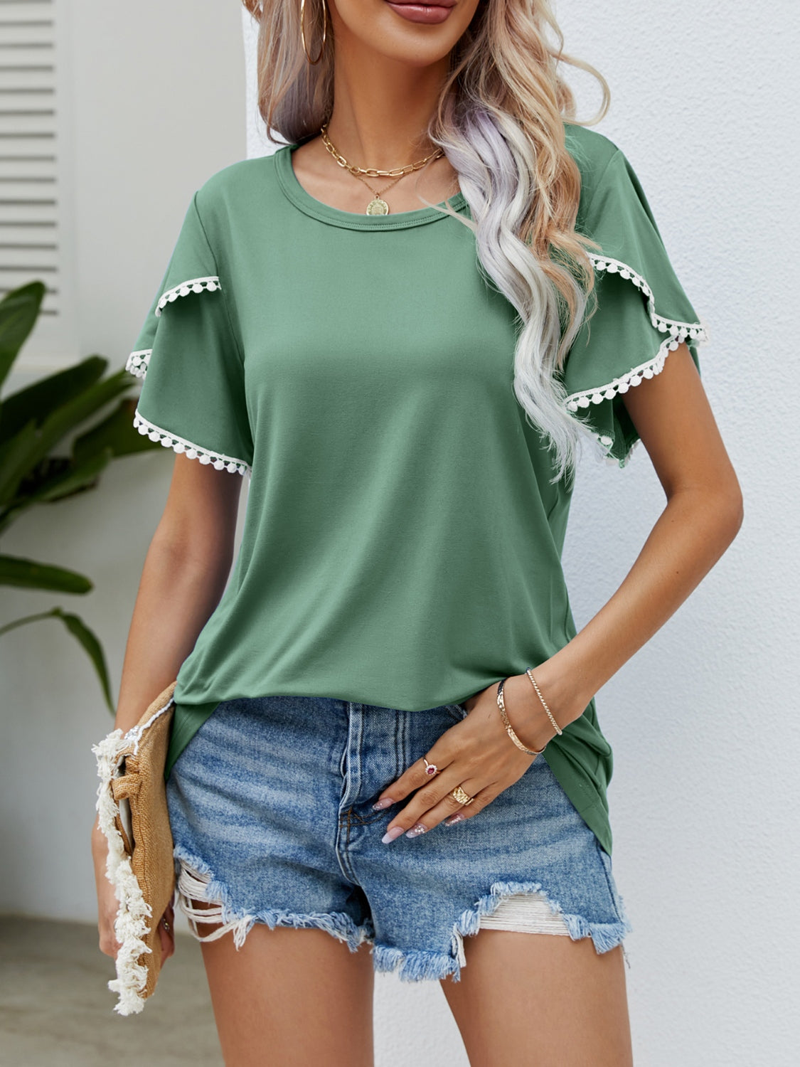 Pom-Pom Trim Flutter Sleeve Round Neck T-Shirt - Smart Shopper