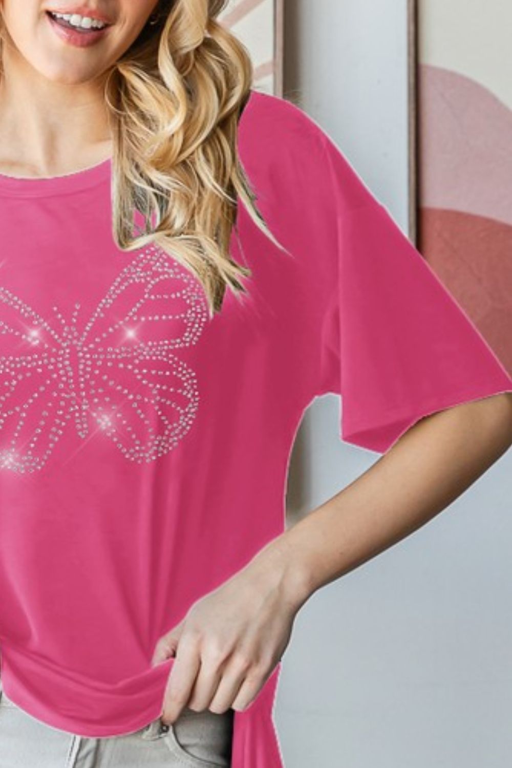 Heimish Full Size Rhinestone Butterfly Round Neck Short Sleeve T-Shirt Plus Size - Smart Shopper