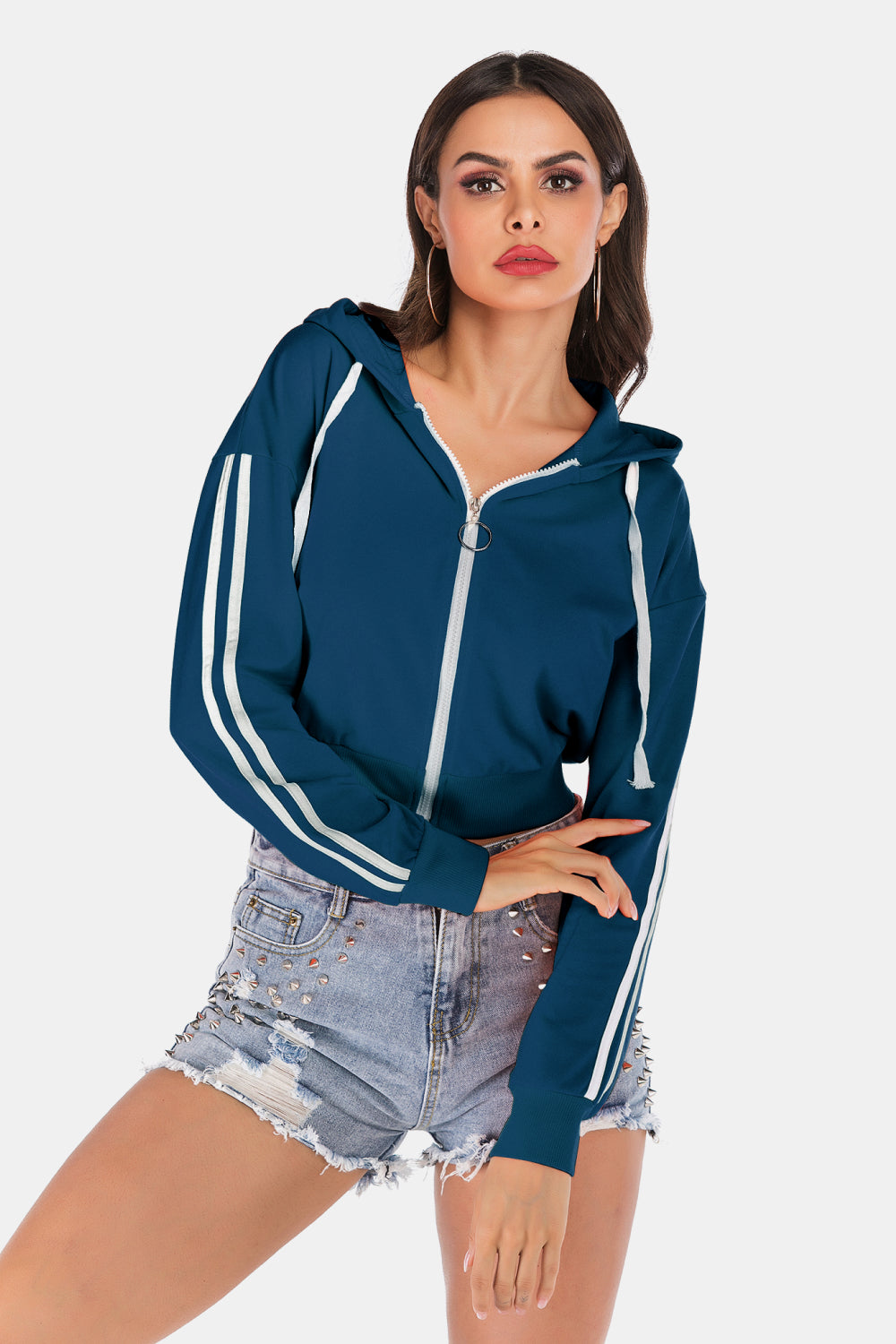 Perfee Side Stripe Drawstring Cropped Hooded Jacket - Smart Shopper