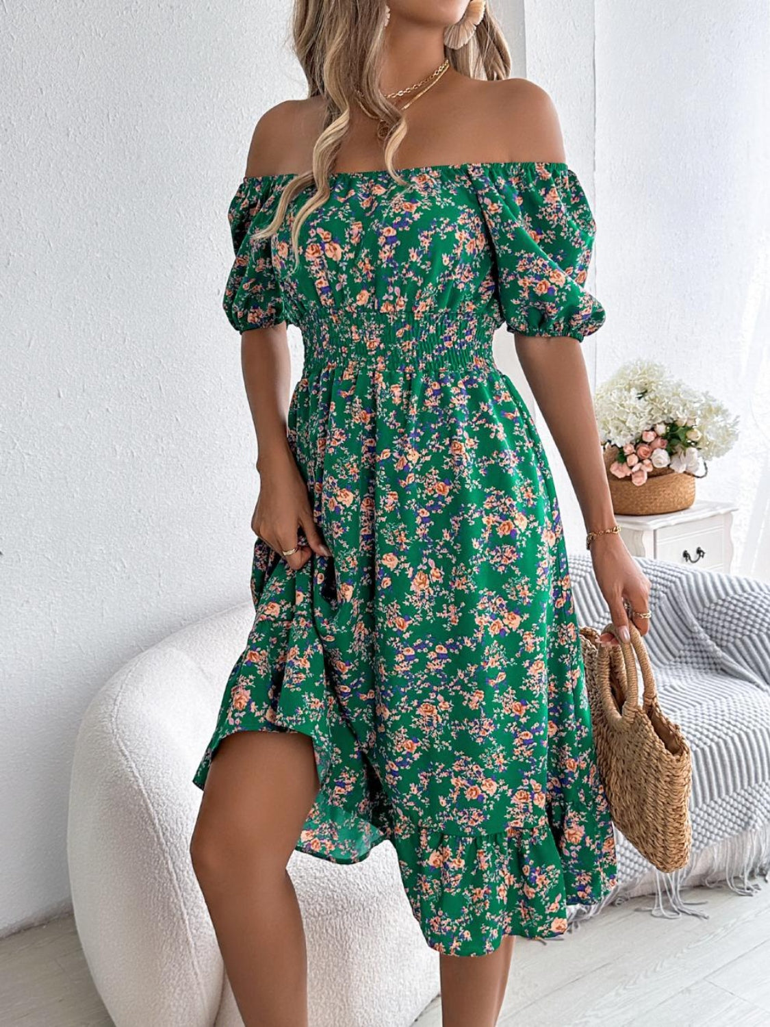 Ruffled Hem Smocked Printed Puff Sleeve Dress - Smart Shopper