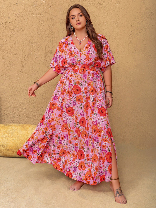 Plus Size Slit Floral V-Neck Half Sleeve Maxi Dress - Smart Shopper