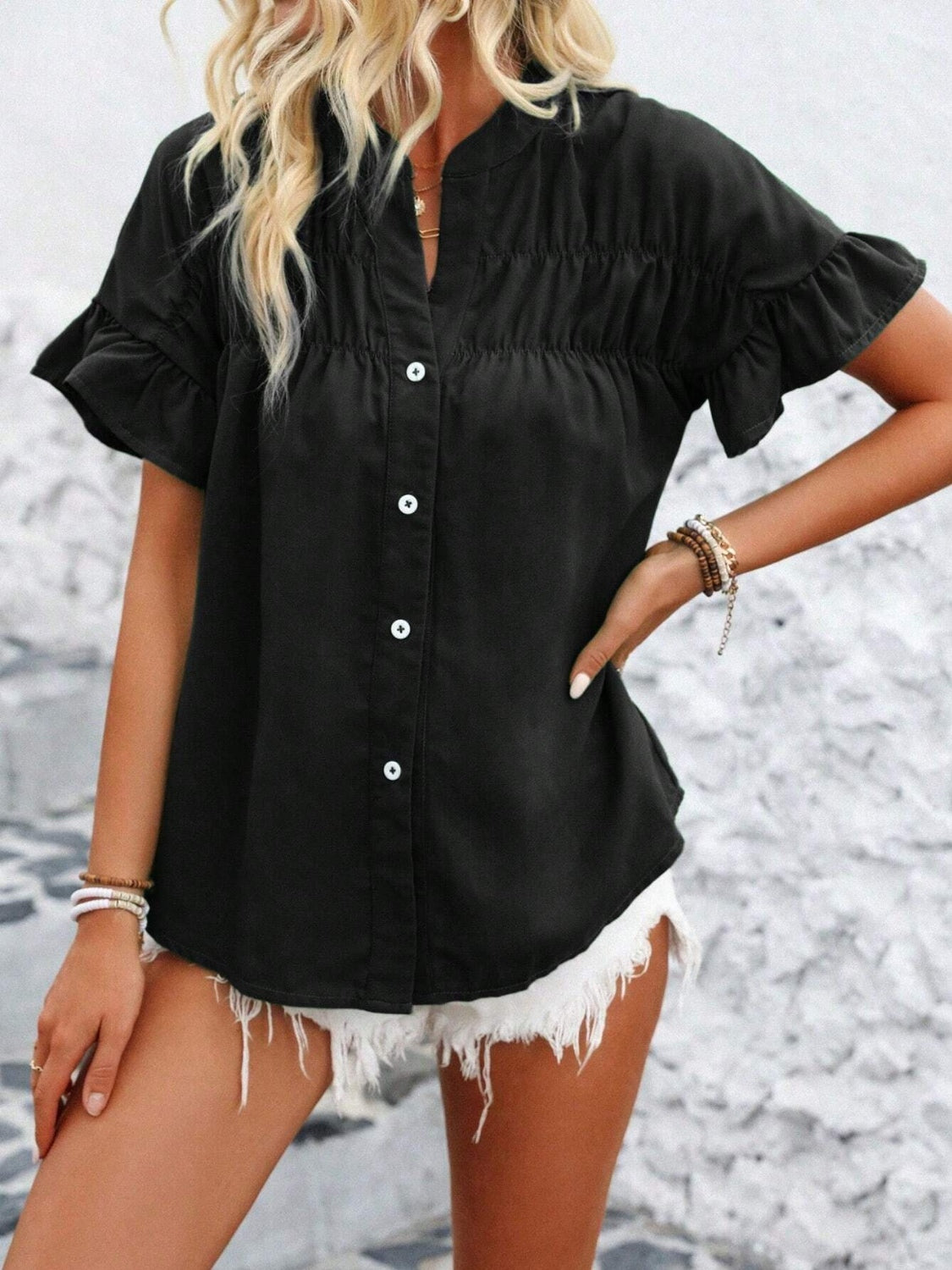 Button Down Ruffled Short Sleeve Shirt - Smart Shopper