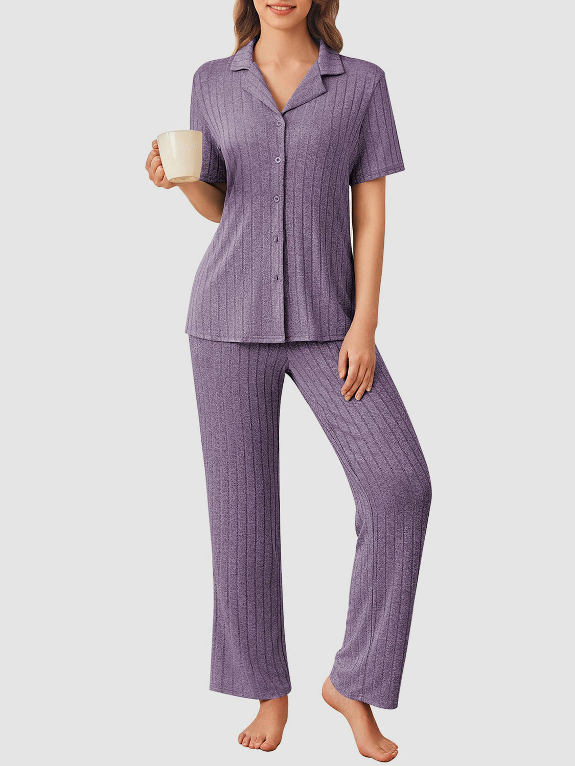 Button Down Long Sleeve Top and Pants Lounge Set - Smart Shopper