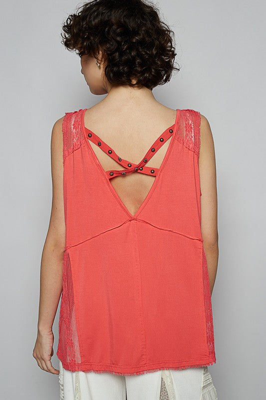 POL Lace Detail Studded Crisscross Back V-Neck Sleeveless Top - Smart Shopper