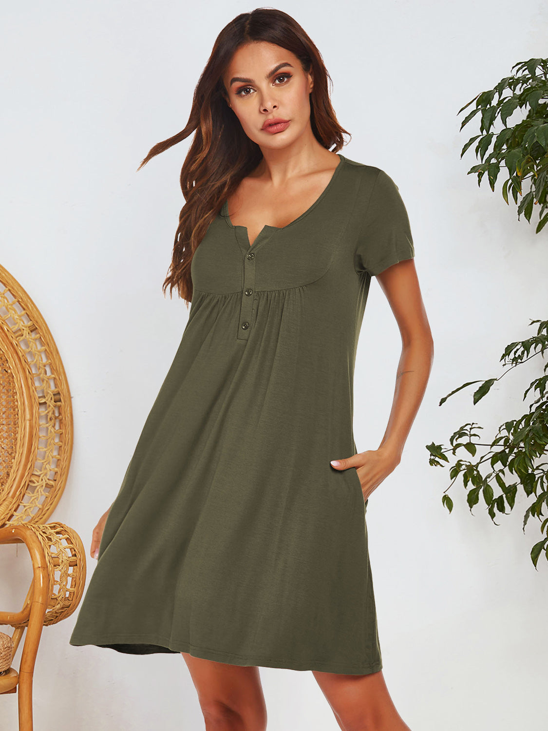 Notched Short Sleeve Mini Lounge Dress - Smart Shopper