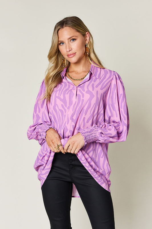 Double Take Full Size Printed Smocked Long Sleeve Blouse - Smart Shopper