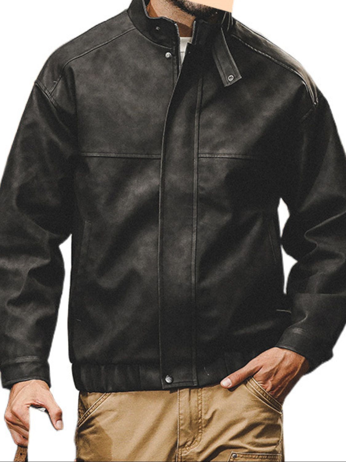 Men's Plus Size Zip Up Stand Collar Biker Jacket - Smart Shopper