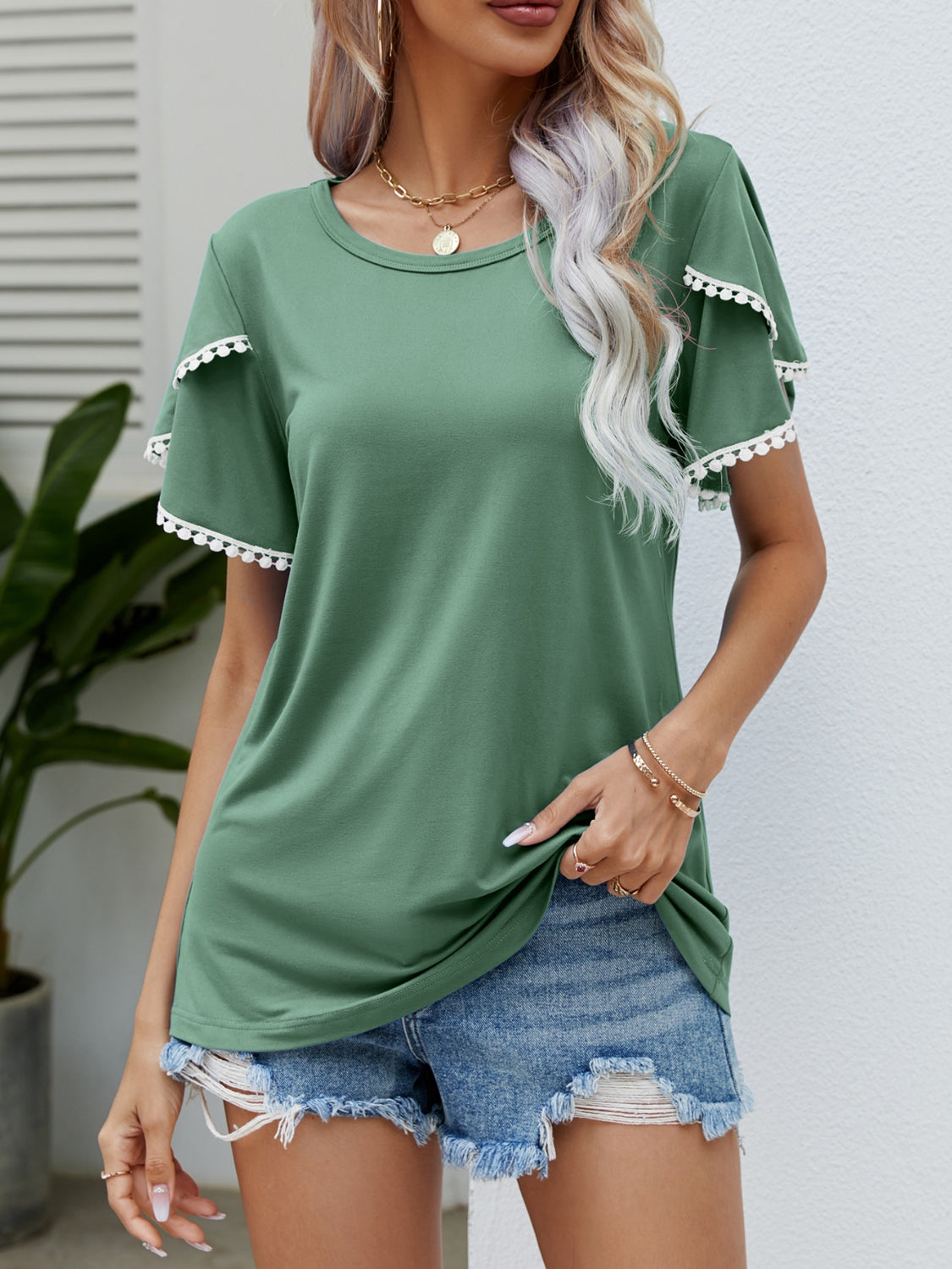 Pom-Pom Trim Flutter Sleeve Round Neck T-Shirt - Smart Shopper