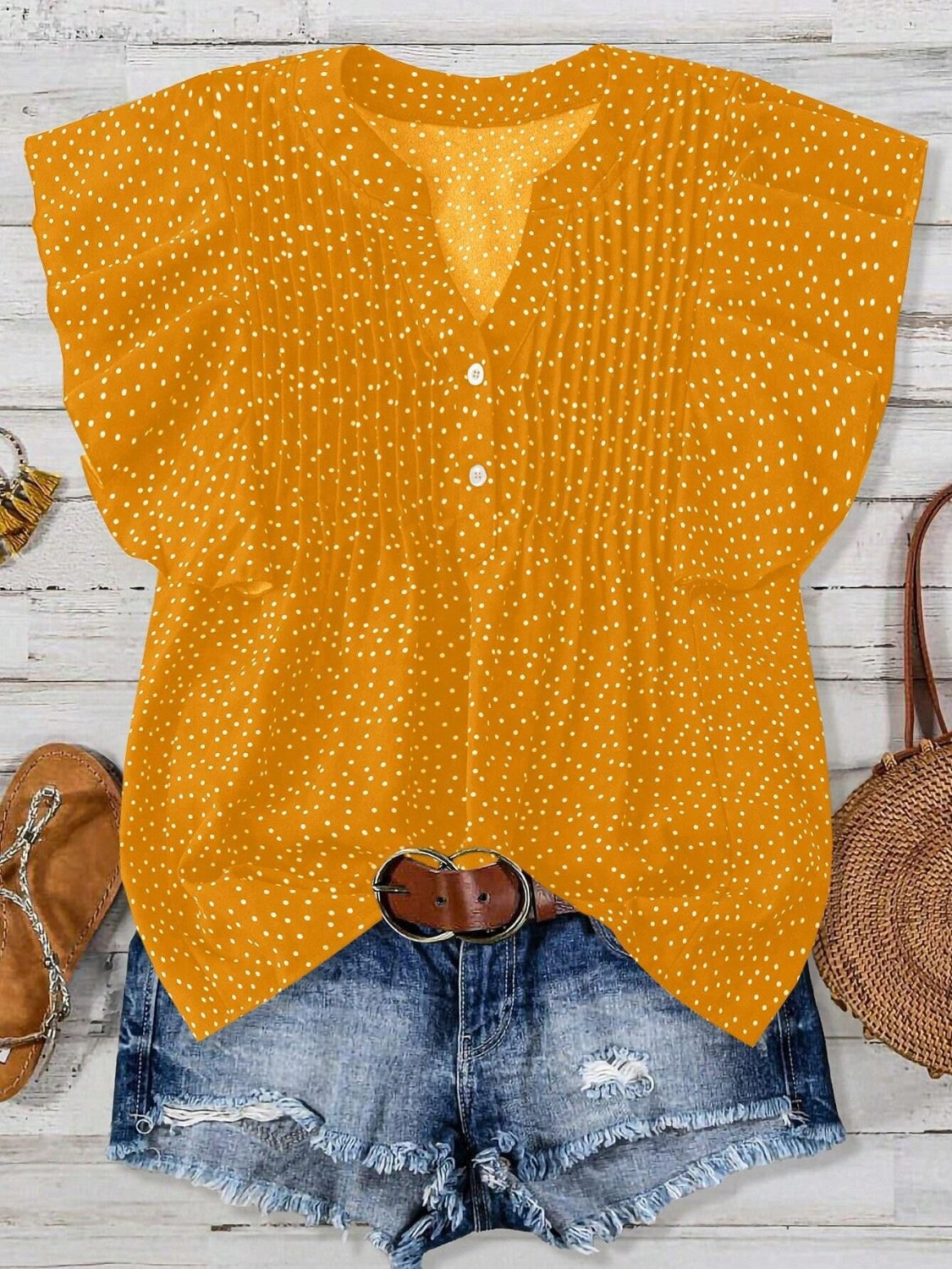 Polka Dot Notched Ruffled Cap Sleeve Blouse - Smart Shopper