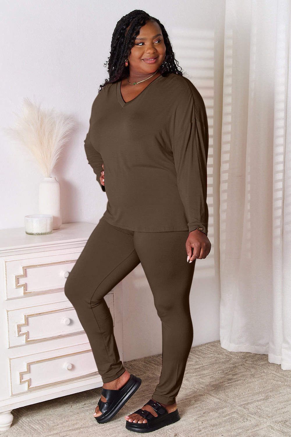 Basic Bae Bamboo Full Size V-Neck Long Sleeve Top and Pants Lounge Set - Smart Shopper