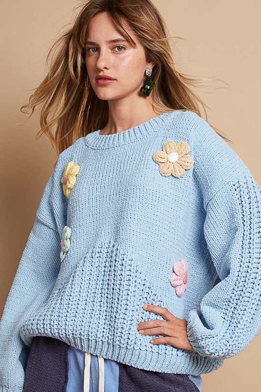 POL Crochet Flower Round Neck Dropped Shoulder Sweater - Smart Shopper