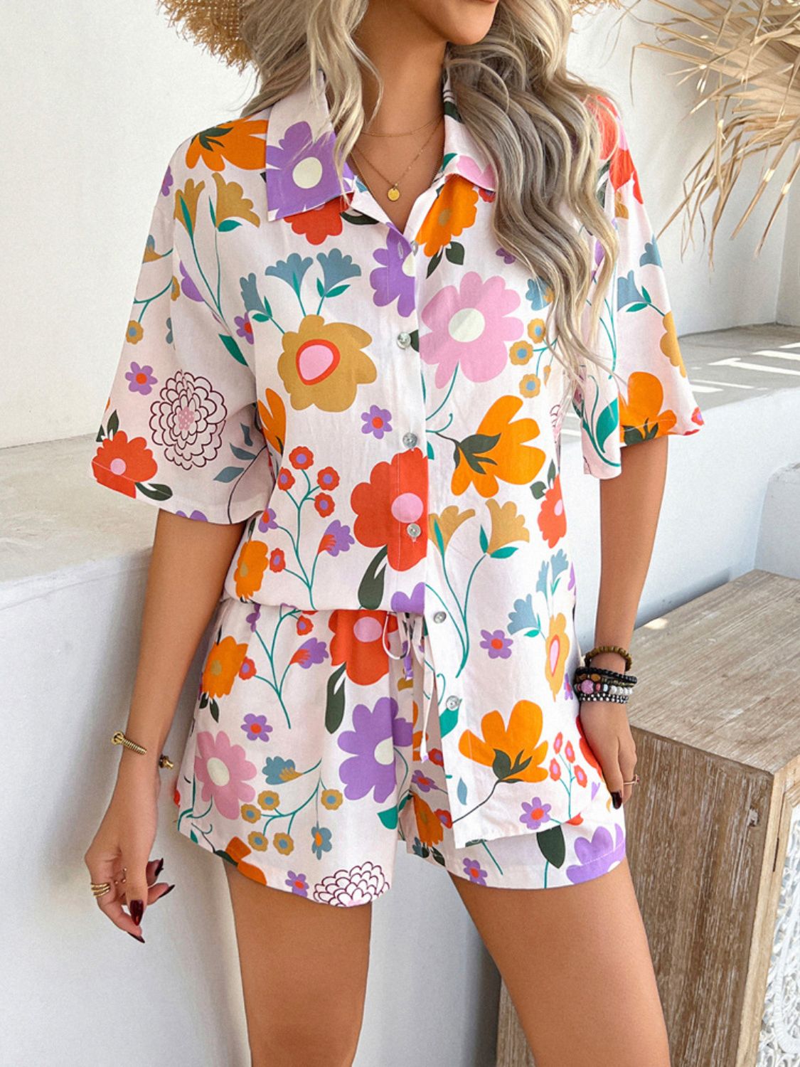 Devine Printed Button Down Shirt and Shorts Set - Smart Shopper