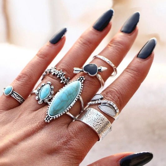 Turquoise Alloy 8-Piece Ring Set - Smart Shopper