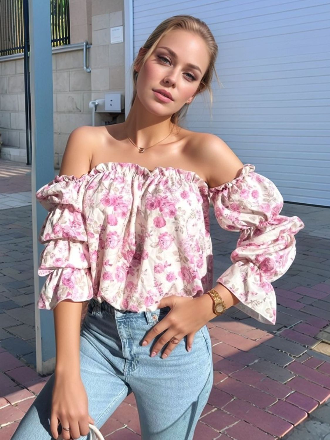 Printed Off-Shoulder Flounce Sleeve Blouse - Smart Shopper