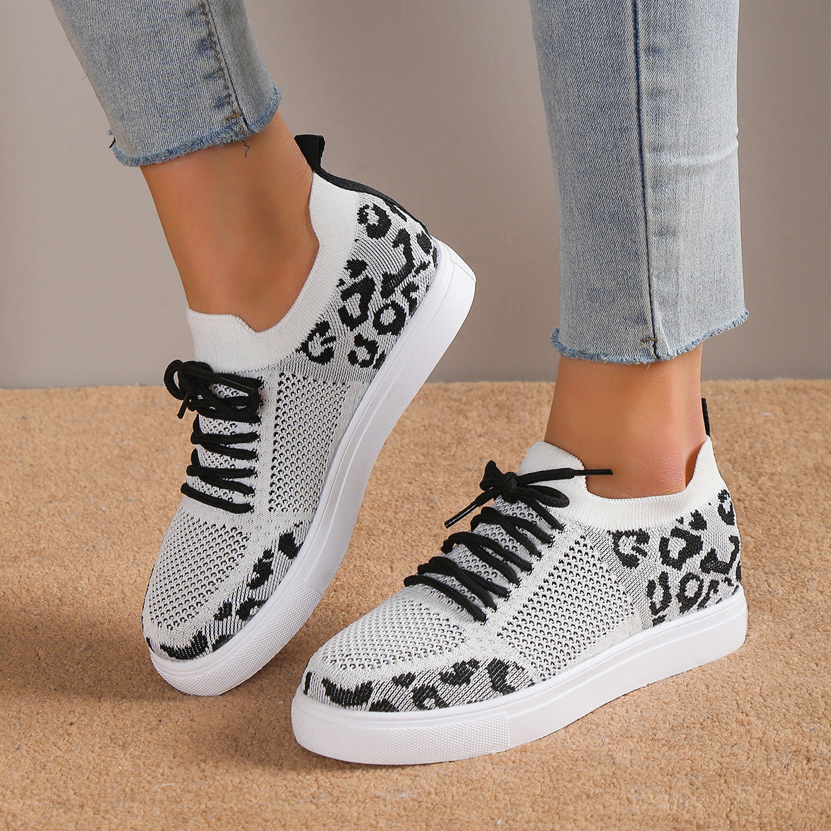 Lace-Up Leopard Flat Sneakers - Smart Shopper