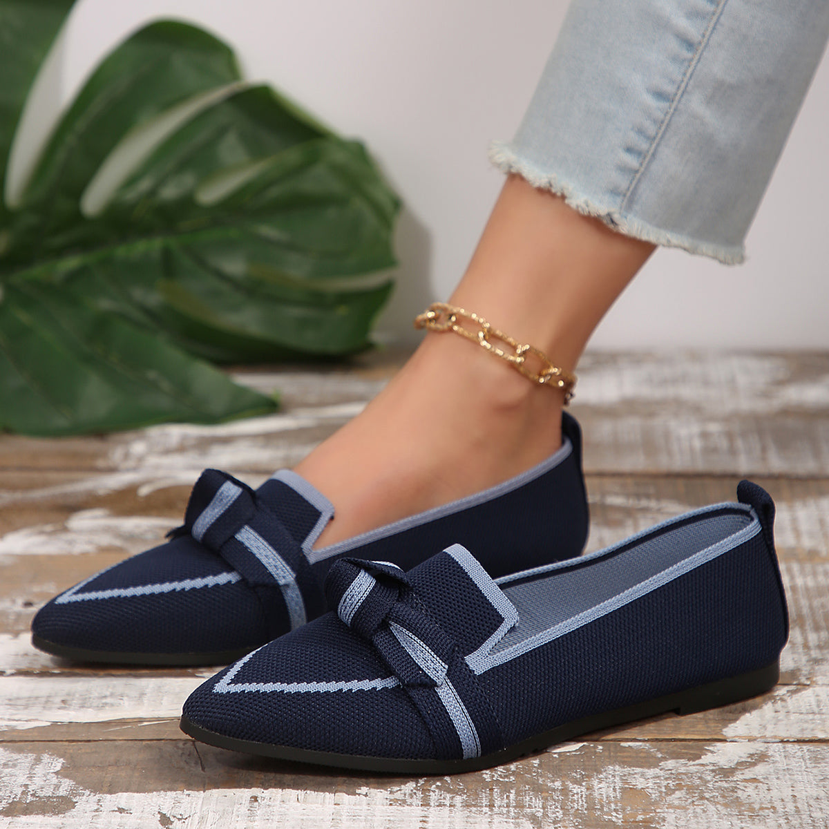 Bow Contrast Trim Point Toe Loafers - Smart Shopper