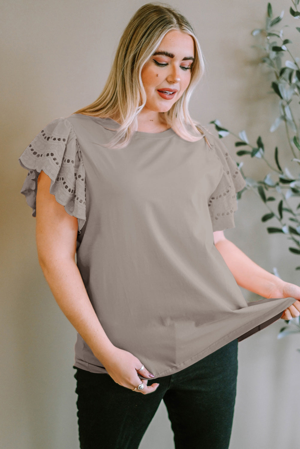 Plus Size Eyelet Round Neck Short Sleeve Blouse - Smart Shopper