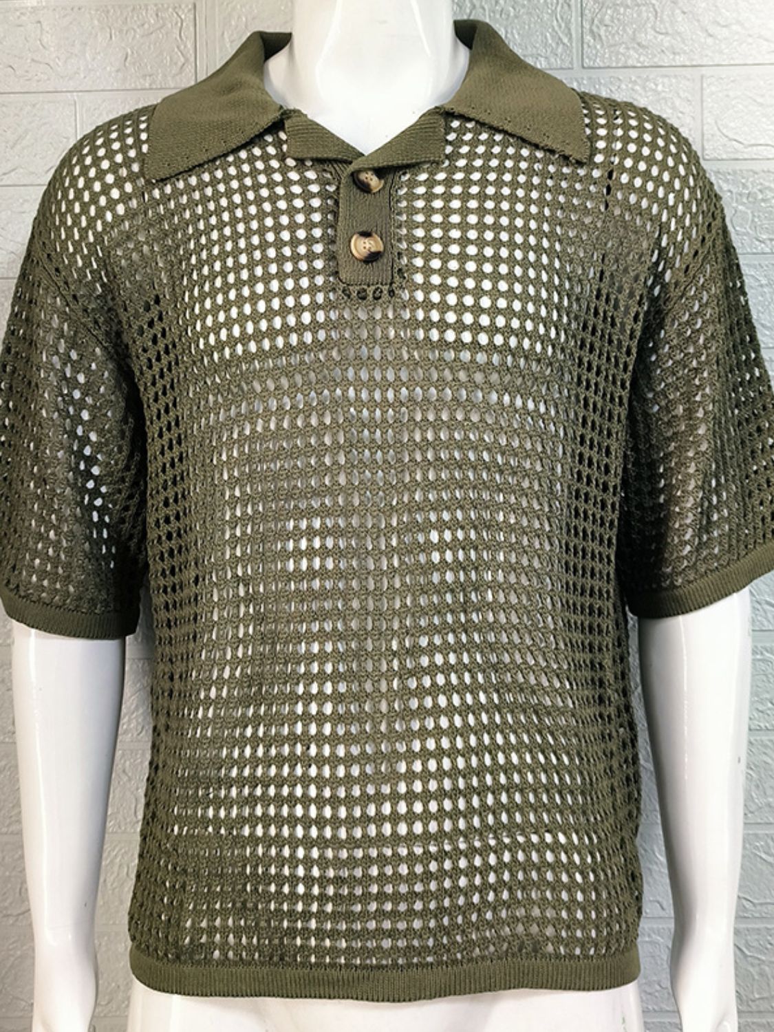 Men's Plus Size Openwork Collared Neck Quarter Button Knit Polo - Smart Shopper