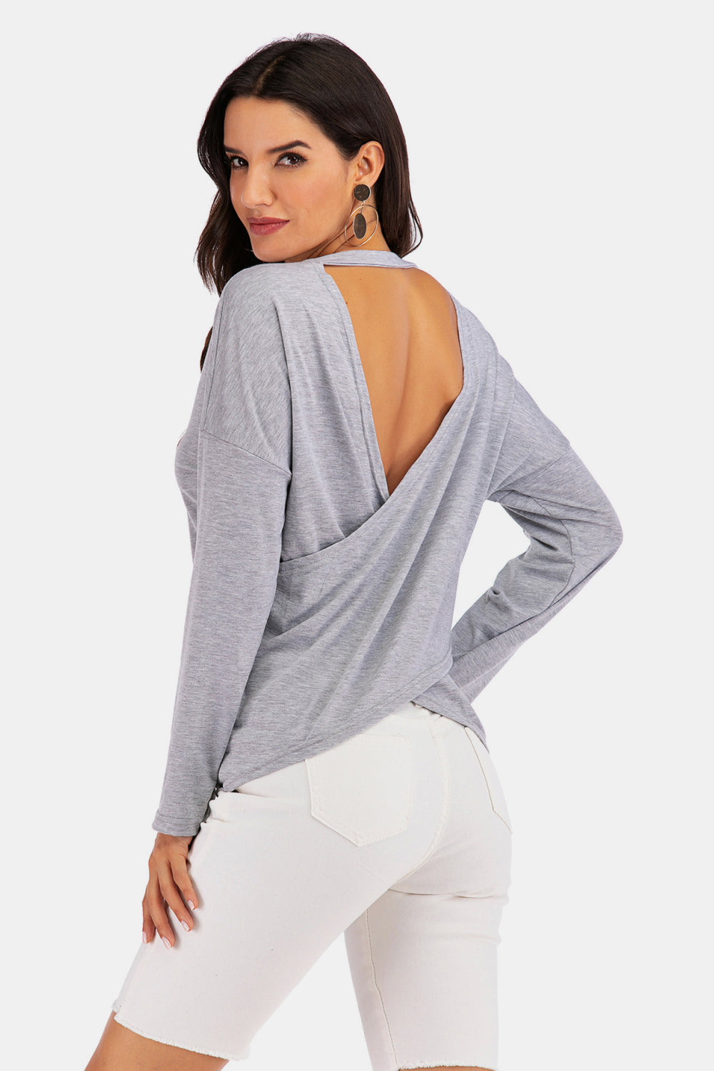 Perfee V-Neck Drop Shoulder Open Back Sweatshirt - Smart Shopper