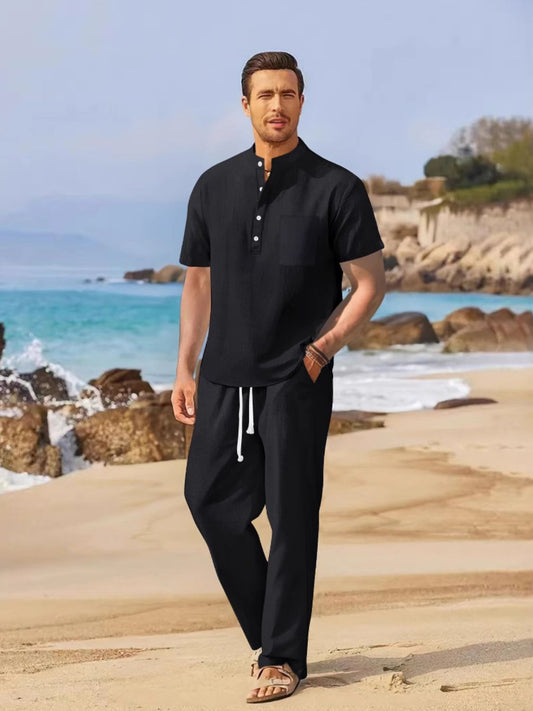 Men's Full Size Half Button Top and Drawstring Pants Set Plus Size - Smart Shopper