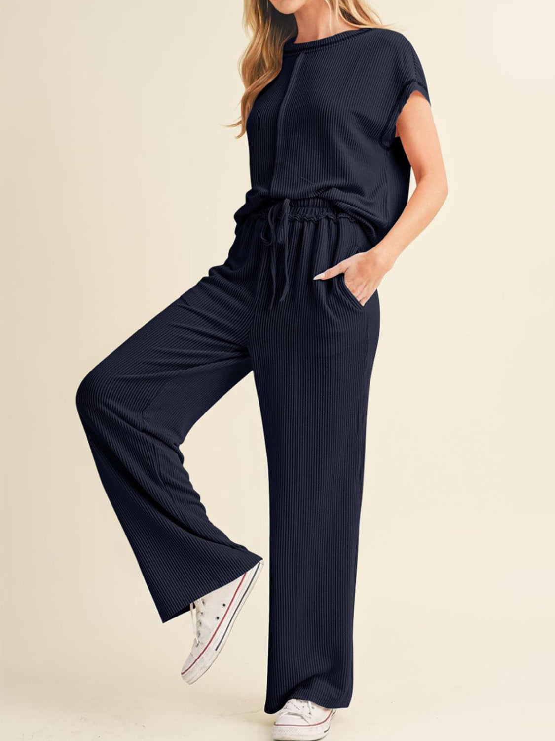 Ribbed Exposed Seam Top and Pants Set - Smart Shopper